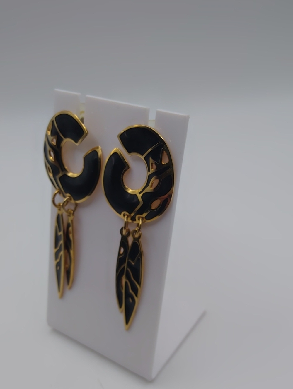 Berēbi Tribal Gold Tone And Black Enamel Dangle Pierced Earrings - Picture 3 of 8